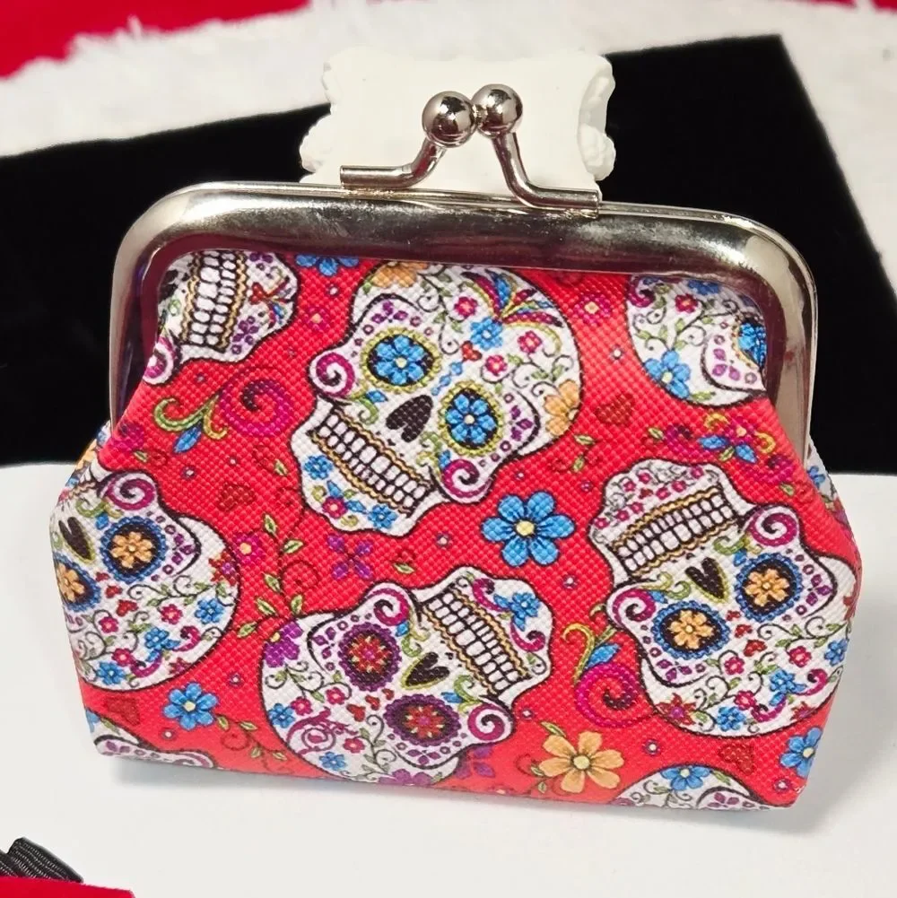 Red Sugar Skull Coin Pouch – Mini Day of the Dead Change Purse Spooky Cute Flair